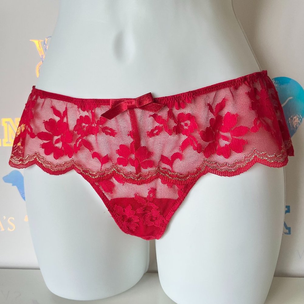 New Victoria's Secret Sexy Lace Women's Panty Thong Sz Small Sheer Red Gold